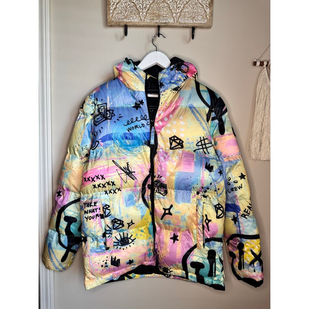 Reason Clothing Smile Hooded Puffer Coat sz S